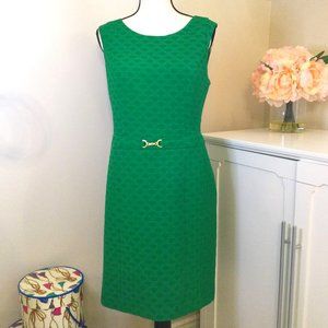Talbots, Green Sleeveless Basket Weave Sheath with Gold Buckle Detail, Size 12P